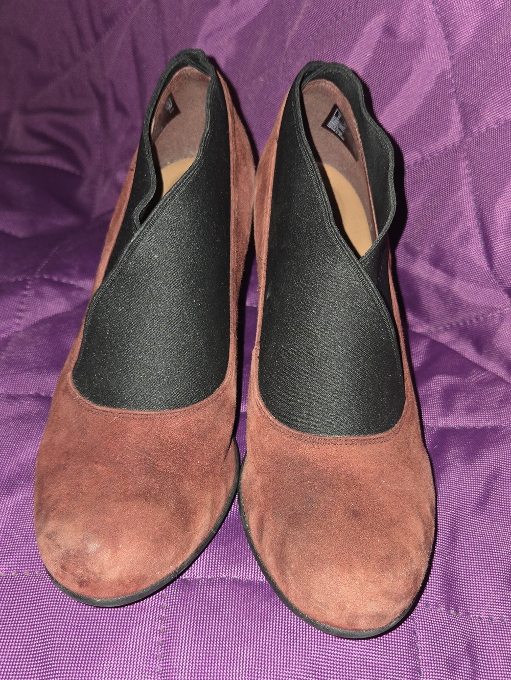 Clarks Brown Suede Slip-On Heels with Black Elastic